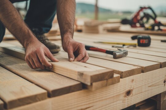A carpenter is assembling a wooden deck