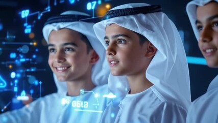 Young boys wearing traditional clothing engaging with futuristic technology interface showing digital data cloud symbols glowing blue display smiling - Powered by Adobe