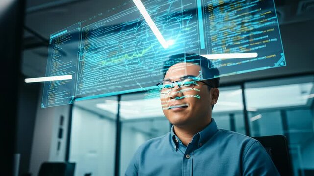Software architect effortlessly navigates a holographic code interface with precision and skill in a modern workspace