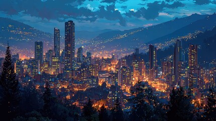 Obraz premium Bogota night urban skyline with glowing city lights and tall buildings, Colombian cityscape concept for travel, design ads