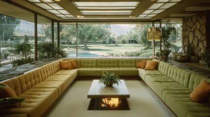 Fototapeta premium Open-plan living room with a modern, mid-century feel.