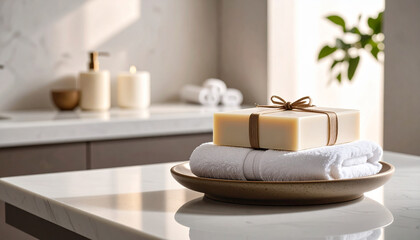 Handmade soap with ribbon on white towel placed on ceramic dish in bright bathroom with natural light and blurred background creating calm atmosphere