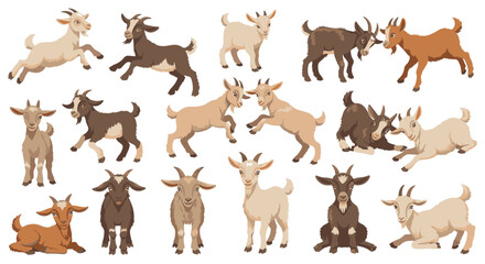 Obraz premium Various cartoon goats playing and interacting in playful poses 