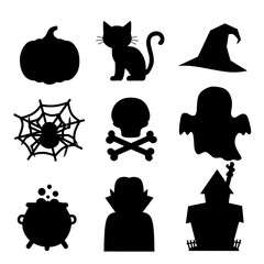 black Halloween silhouette icons including pumpkin, cat, witch hat, skull, ghost, spider, cauldron, vampire, and haunted house in flat style