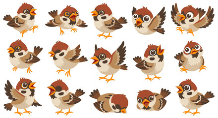 Fototapeta premium Cartoon sparrows showing various poses and expressions on white background 