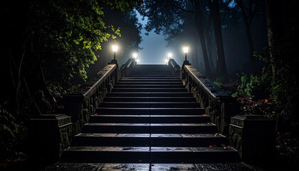 Firefly illuminated damp stone stairs in shadowy forest setting with symmetrical design and clean space on left creating mysterious atmosphere