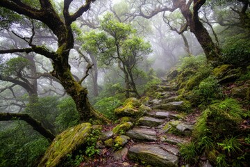 Misty Forest Pathway Through Lush Green Trees