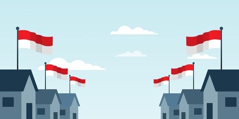 flat design of a house with the Indonesian flag, red and white