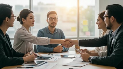 A diverse group of professionals shake hands across a table during a business meeting, signifying a successful agreement - Powered by Adobe