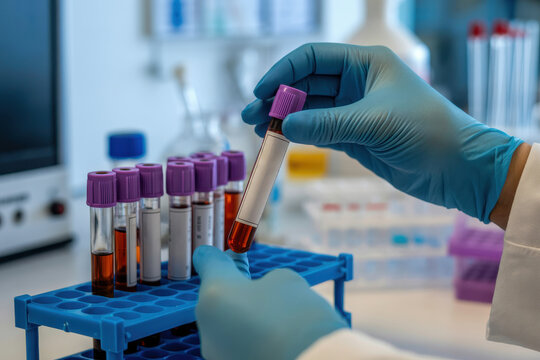 Scientist in blue gloves handling blood samples in a laboratory - Powered by Adobe