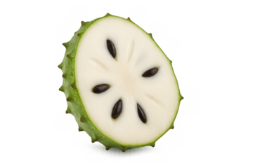 White-fleshed soursop slice displaying dark seeds, green rind, isolated on transparent backdrop