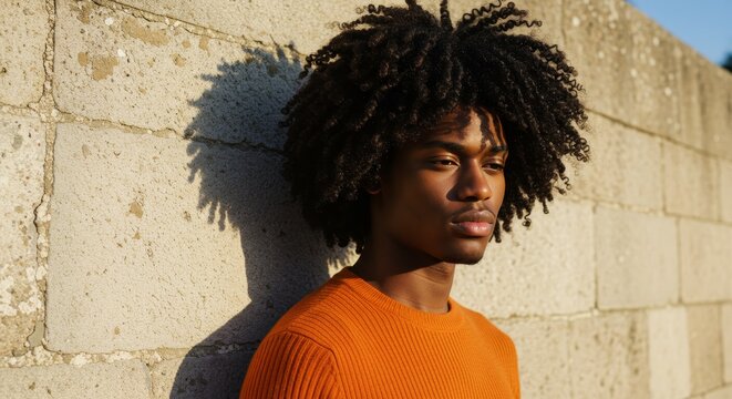 Young man with afro hairstyle leaning against textured wall