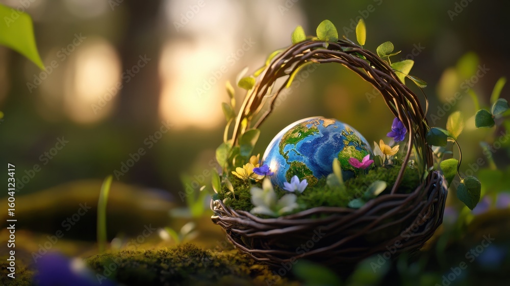 Poster a symbolic planet earth nested in a flower-filled basket with delicate vines and soft lighting