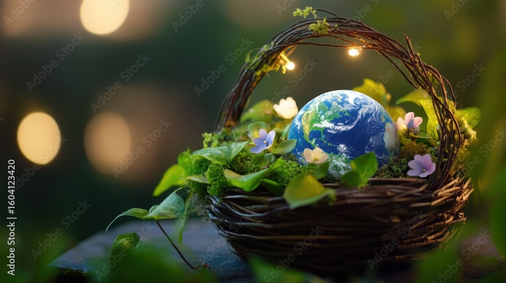 Poster a symbolic planet earth nested in a flower-filled basket with delicate vines and soft lighting