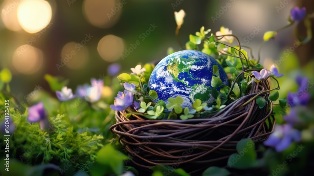 Poster a symbolic planet earth nested in a flower-filled basket with delicate vines and soft lighting