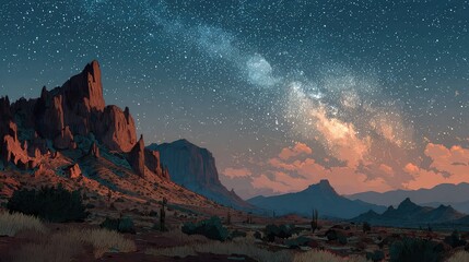 Camelback Mountain starry sky with Milky Way and desert landscape, night nature scene concept for travel, design, ads