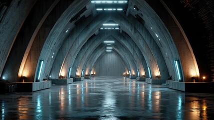 Car hangar cement tunnel with industrial walls and glowing lights, futuristic sci-fi garage concept for gaming, tech, and design