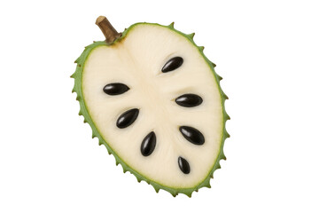 Sliced soursop displaying creamy white interior, dark seeds, vibrant green rind against transparent backdrop