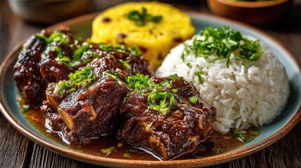 Caribbean oxtail stew dish with rice and peas on plate, traditional island cuisine food concept for restaurant, design ads