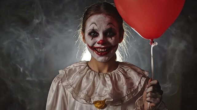 A person in clown makeup smiles while holding a red balloon against a hazy background