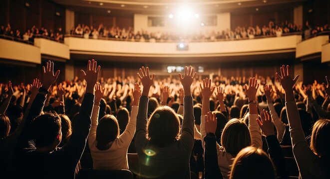 Enthusiastic Audience Raising Hands in Concert Hall, Public Event, Applause, Celebration, Excitement, Participation, Warm Lighting, Event Venue, Auditorium Illustration
