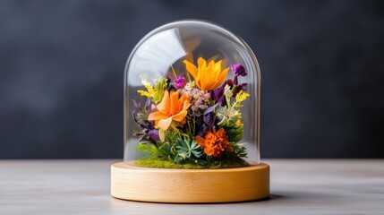 An elegant arrangement of assorted flowers preserved under a clear glass dome on a wooden base