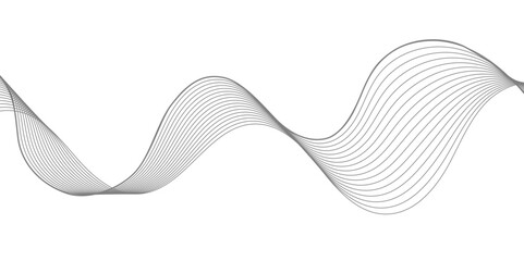 A minimalist abstract design featuring a dynamic, flowing wave pattern composed of thin, parallel lines in shades of gray, creating subtle depth on a clean white background.