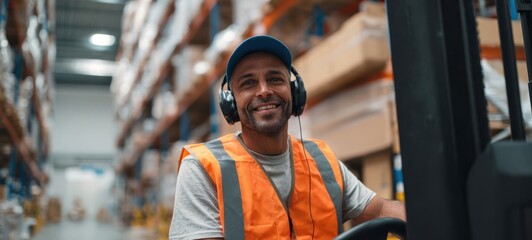 The smiling warehouse worker operating a forklift in a busy storage facility.