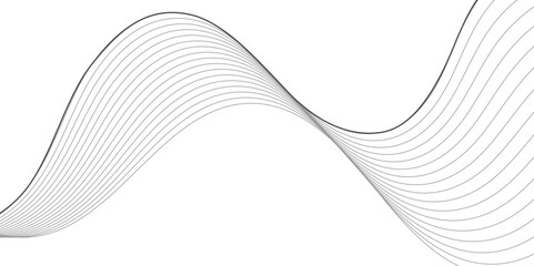 A minimalist abstract design featuring a dynamic, flowing wave pattern composed of thin, parallel lines in shades of gray, creating subtle depth on a clean white background.