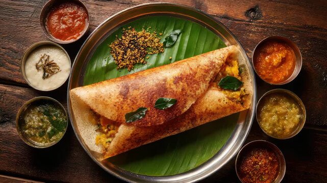  South Indian Masala Dosa served on a Banana Leaf over a Stainless-Steel Plate
