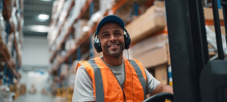 The smiling warehouse worker operating a forklift in a busy storage facility.