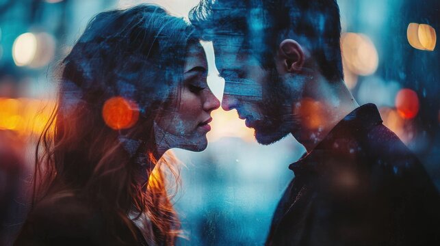 romantic couple with faces touching, urban evening background with colorful bokeh lights, moody atmosphere, love and intimacy concept, wet glass or window reflection