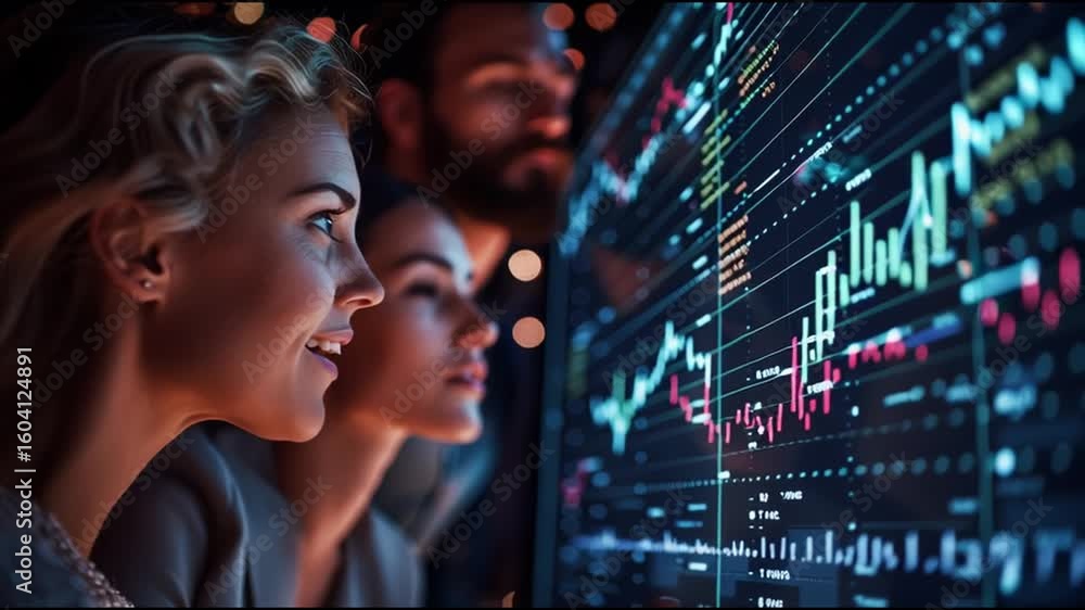 Poster people analyzing data on a digital display during an evening gathering in a modern space