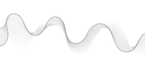 A minimalist abstract design featuring a dynamic, flowing wave pattern composed of thin, parallel lines in shades of gray, creating subtle depth on a clean white background.
