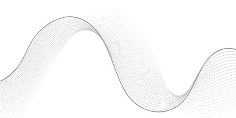 A minimalist abstract design featuring a dynamic, flowing wave pattern composed of thin, parallel lines in shades of gray, creating subtle depth on a clean white background.