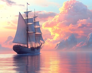 Obraz premium Sailing ship, sunset, mountains, sea