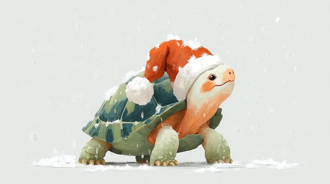 Cute turtle wearing Santa hat with snowflakes falling around on white background, holiday animal festive concept
