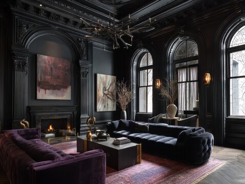 Dark and dramatic living room with luxurious furnishings.