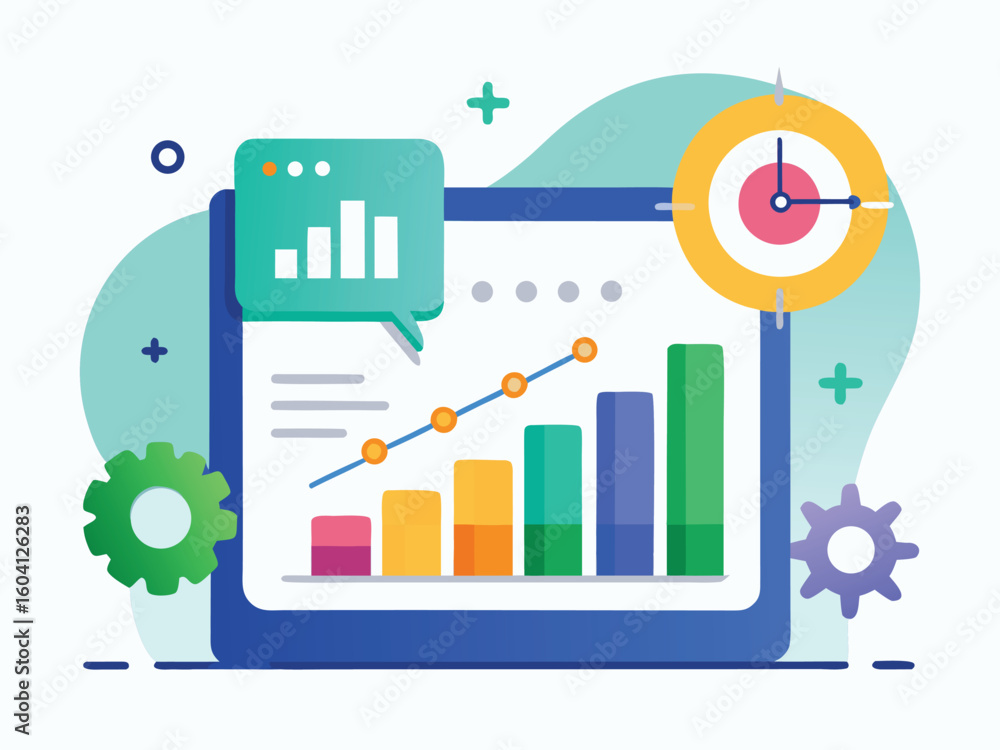 Poster colorful growth chart with target and gears graph progress