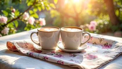 Two Coffee Cups with Heart Latte Art on Table in Garden Sunlight
