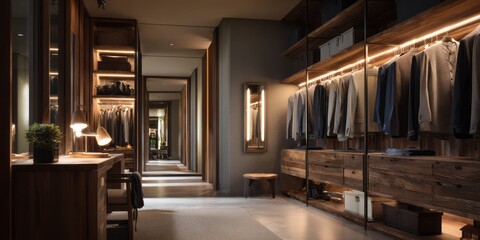 A spacious, modern walk-in closet with warm-toned wooden cabinetry.