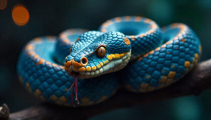 Fototapeta premium Striking Blue and Gold Snake Coiled on Branch with Tongue Out in Dark Forest
