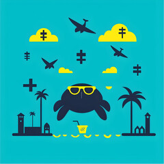 Naklejka premium A stylized sea creature wearing sunglasses floats above a tropical island scene, with airplanes and clouds