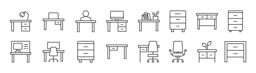set of workspace harmony thin line icon. contain collection of desks, chairs, study essential that define comfort, focus, productivity in modern educational, office environment. vector illustration