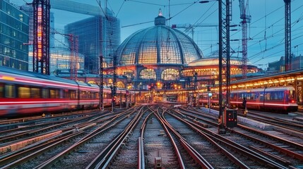 Fototapeta premium Stunning Long Exposure of a Train Station Dome and Railroad Tracks at Sunset in a Bustling City