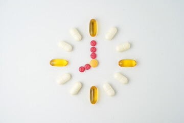 Clock made of pills capsules, pills form a circle, omega, vitamins, Cod liver oil, supplements