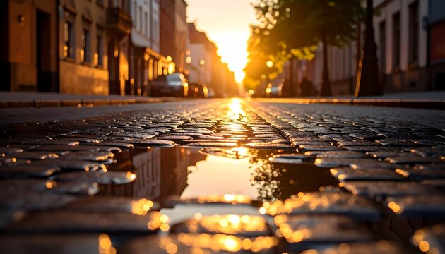 Sunrise on cobblestone street, puddle reflection - Powered by Adobe