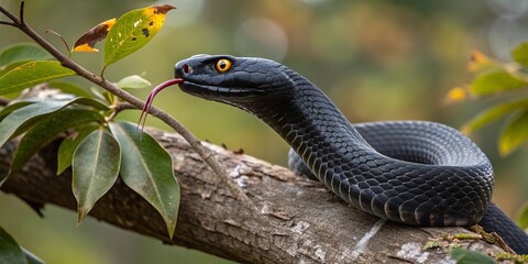 Fototapeta premium Black Snake on Branch with Tongue Out