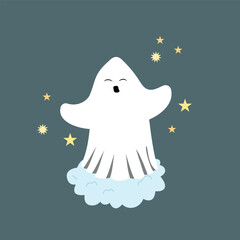 Ghost flies on the cloud and stars. Boo cute character spirit holiday. Halloween vector hand drawn illustration