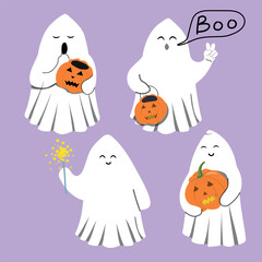 Cute Ghosts Halloween Cartoon Vector Collection. Vector isolated illustration of funny, adorable ghost, symbol of October holiday Halloween.